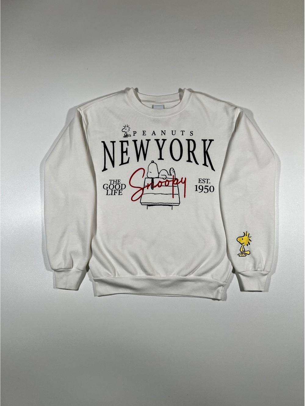 Peanuts Snoopy New York Embroidered Crewneck Sweatshirt White Woodstock Graphic